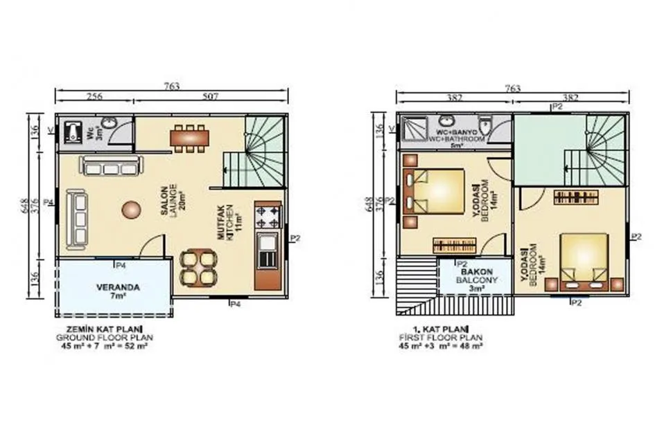 İki Katlı 100 m2 İç Plan