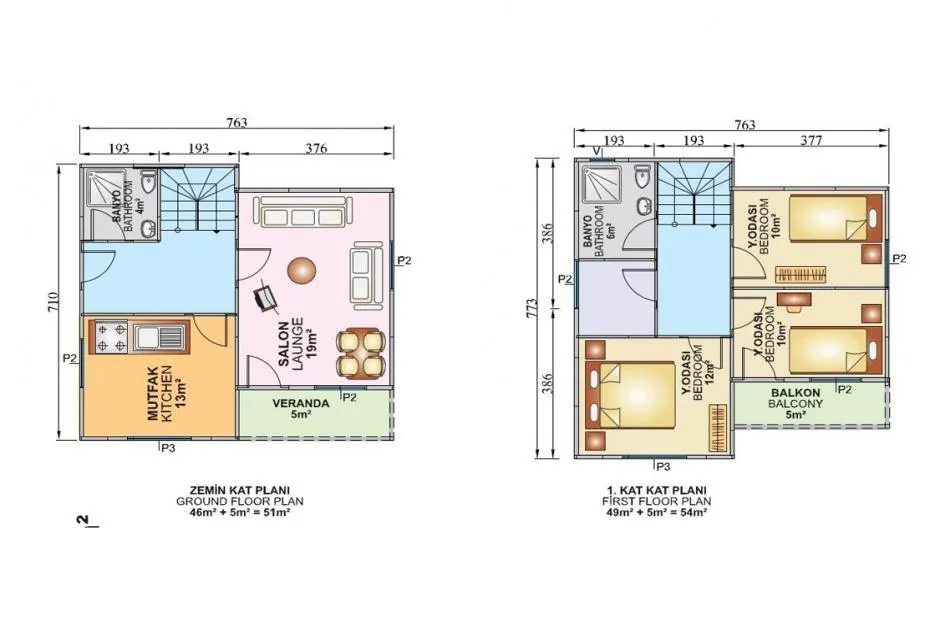 İki Katlı 105 m2 İç Plan