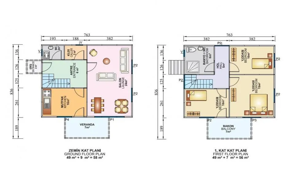 İki Katlı 114 m2 İç Plan