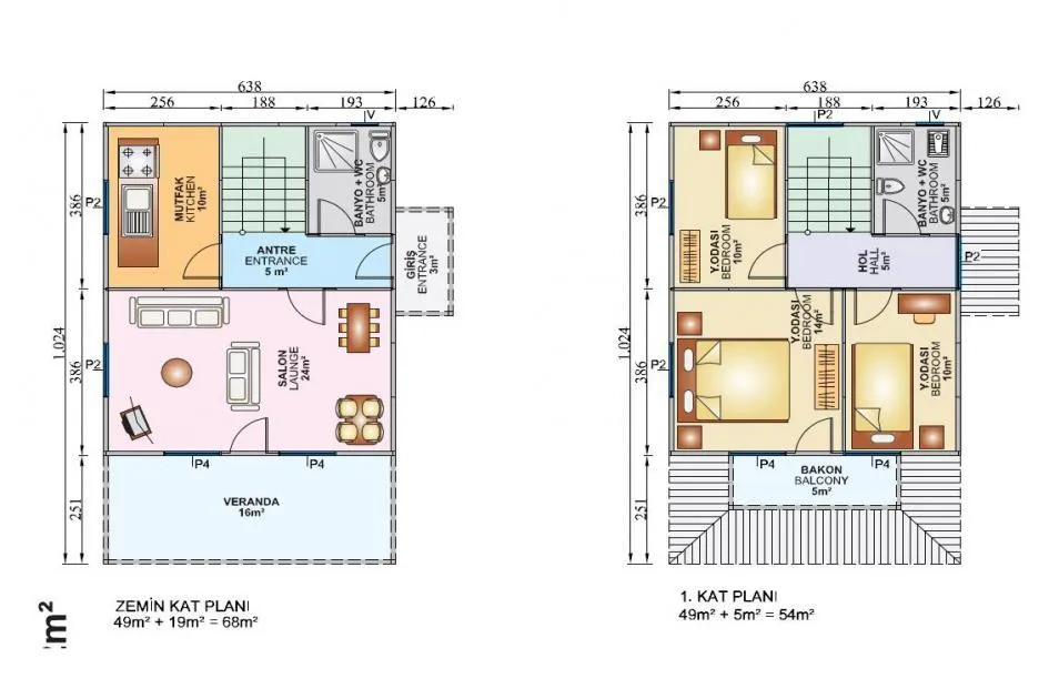 İki Katlı 124 m2 İç Plan