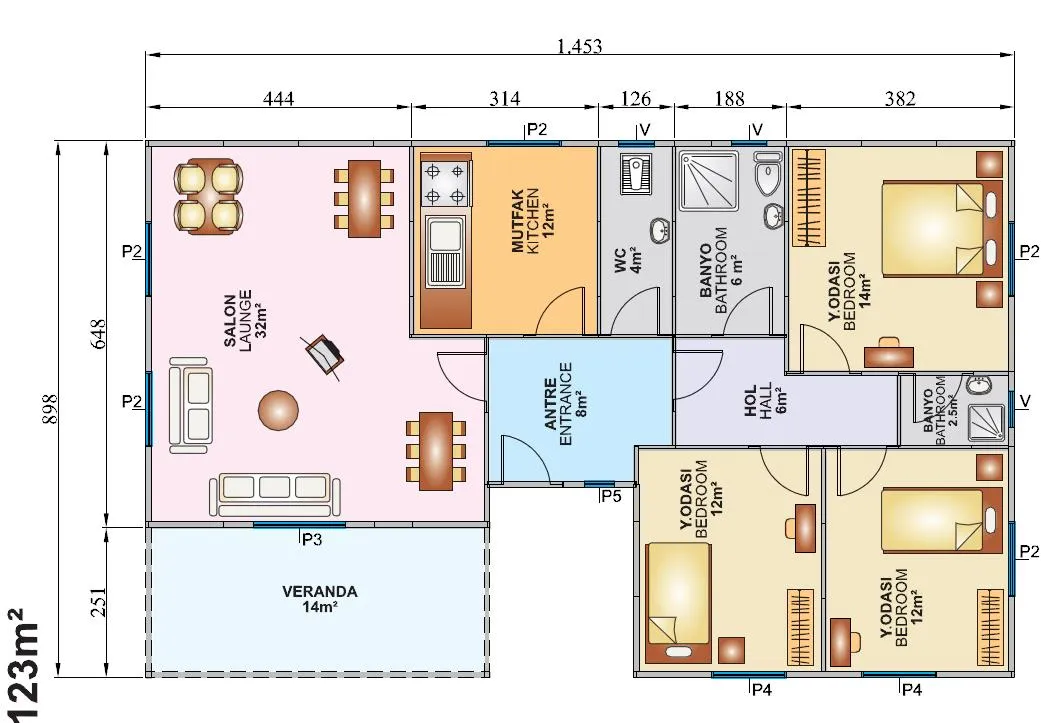 Tek Katlı 123 m2 İç Plan