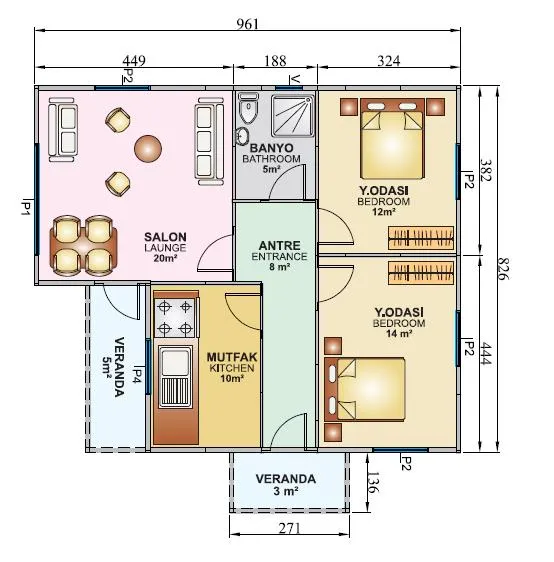 Tek Katlı 77 m2 İç Plan
